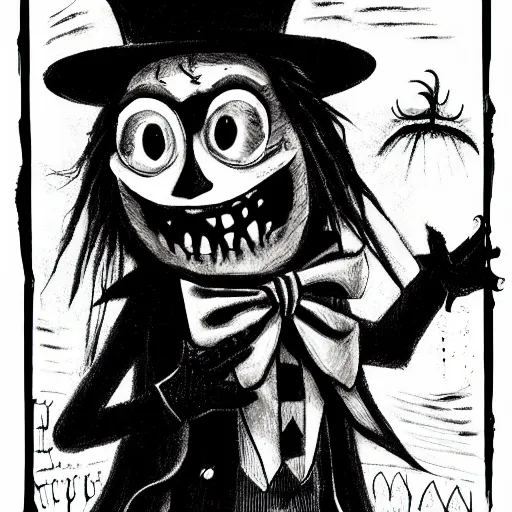 Image similar to a Pop Wonder scary horror themed goofy-hilarious-character Babadook-scarecrow-madhatter-williewonka-wearing a scarf, 3-piece-suit, dime-store-comic drawn with charcoal and pen and ink, half-tone-line-stacking