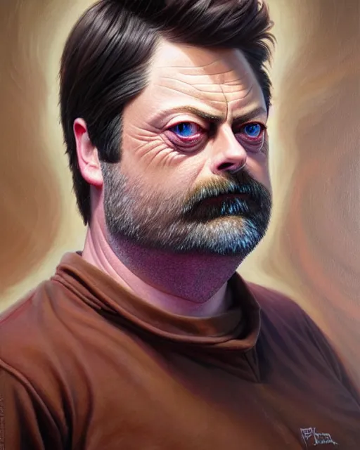 Image similar to detailed portrait of nick offerman offal!! organ meats by tomasz alen kopera and peter mohrbacher and johanna martine! and margaret keane! coherent luminescent