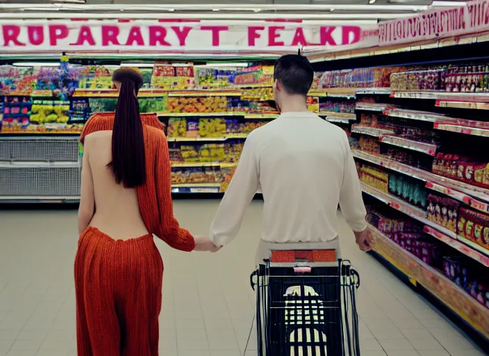 Image similar to 28mm photo of a woman and man in supermarket, in the style of David cronenberg ,scary, weird, high fashion, ID magazine, vogue magazine, homes and garden magazine, surprising, freaky, freak show, realistic, sharp focus, 8k high definition, medium format film photography, photo realistic, insanely detailed, intricate, elegant, art by yoshitaka amano and David kostic and stanley lau and artgerm