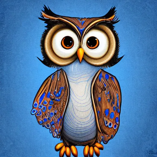 Image similar to an anthromorphised owl, wearing a blue suit, digital art, 4 k