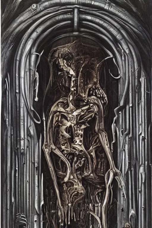 Image similar to the great door of hell, intrincate details, flesh and blood, painted by h. r. giger