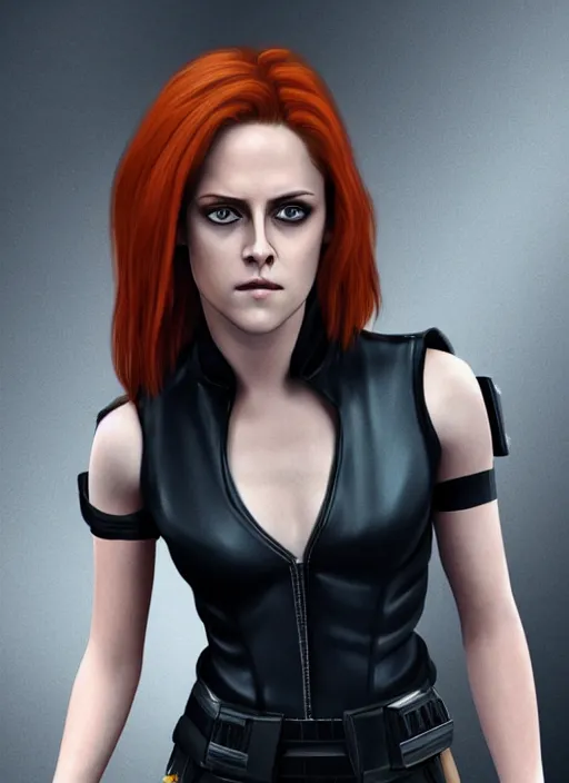 Prompt: kristen stewart portraying a beautiful mara jade from star wars legends, in a black suit, without lightsaber, movie, hyper realistic, hollywood promotional image, imax, 8 k