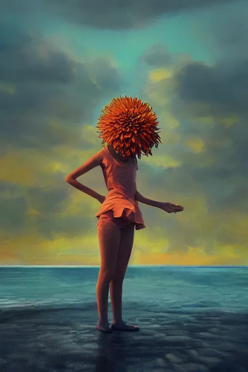 Image similar to closeup giant dahlia flower head, girl standing on beach, surreal photography, blue sky, sunrise, dramatic light, impressionist painting, digital painting, artstation, simon stalenhag