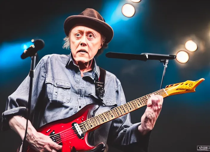 Image similar to photo still of christopher walken on stage at vans warped tour!!!!!!!! at age 5 5 years old 5 5 years of age!!!!!!! shredding on guitar, 8 k, 8 5 mm f 1. 8, studio lighting, rim light, right side key light