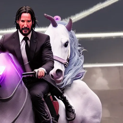Prompt: Keanu Reaves riding a unicorn, a still shot from John Wick 2, shooting at Louigi from Mario Cart, epic fantasy style, digital art