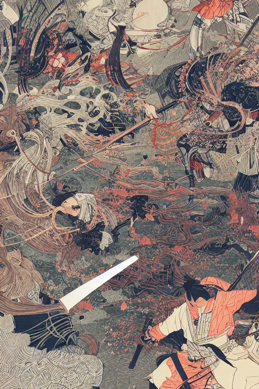 Image similar to hyper detailed illustration of a samurai battle by james jean, yoshitaka amano and victo ngai