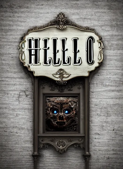 Image similar to a highly realistic hello sign, wide angle 7 0 mm lens, volumetric haze, front facing camera, symmetrical, photorealistic, insanely detailed and intricate, epic, hyper realistic, elegant, ornate, elite, horror, creepy, ominous, haunting, cinematic lighting, unreal engine, cinematic centered camera, the exorcist movie, high detail, no blur, unreal engine 8 k