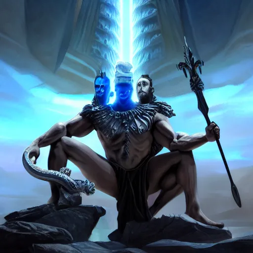 Image similar to stunning painting of futuristic zeus kneels in front of futuristic hades, ancient olympus mountain, hades victorius, wisdom, evilness, ultra detailed faces and eyes, epic, ultimate, anger effects, cinematic rendered, medium lighting, sharp focus by concept art, masterpiece, mythologic futurism, artstation hd, unreal engine 5, 8 k resolution, high quality image