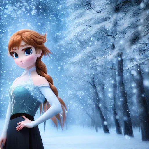 Image similar to portrait focus of angry beautiful 3 d anime girl posing, frozen ice dark forest background, snowing, bokeh, inspired by masami kurumada, octane render, volumetric lighting