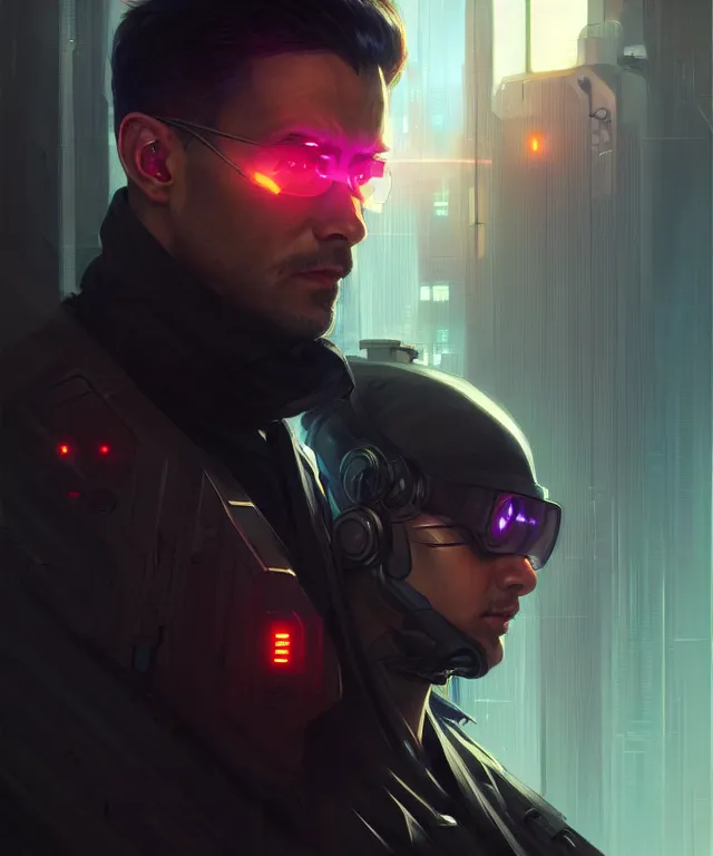 Image similar to Hacker cyberpunk man portrait, highly detailed, digital painting, artstation, concept art, smooth, sharp focus, illustration, art by artgerm and greg rutkowski and alphonse mucha