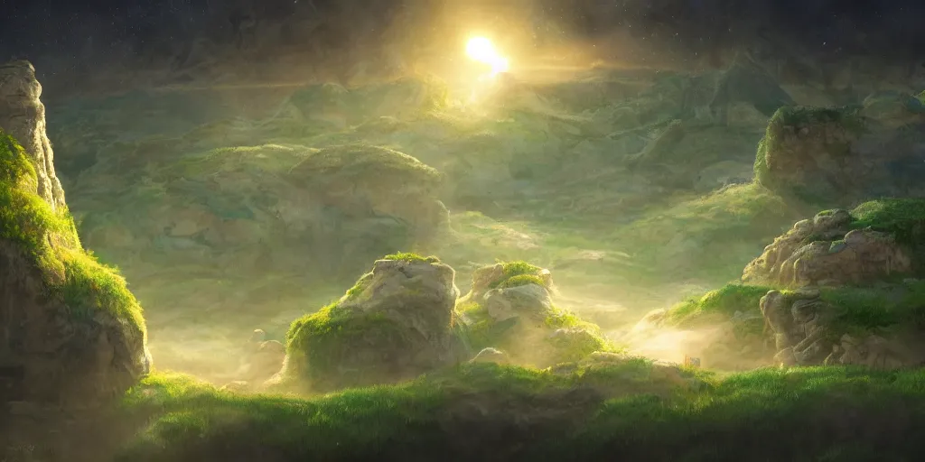 Image similar to lush and beautiful concept art for the shire, floating rocks in the air, stone city, arabian castles, sand, golden sun, planets, lord of the rings, peter jackson, studio ghibli, detailed, realistic lighting, volumetric lighting, golden hour,