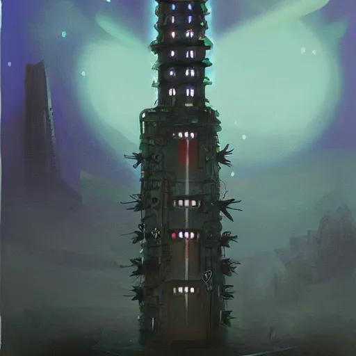 Image similar to an omenous biopunk tower with glowing lights rising in the distance, painting by John Berkley