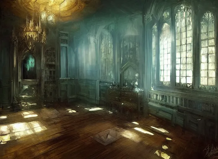 Prompt: gothic mansion room, wooden floor, elegant, artwork, paint, blue tones, detailed, by bastien lecouffe deharme, by jeremy mann, by alexander fedosav