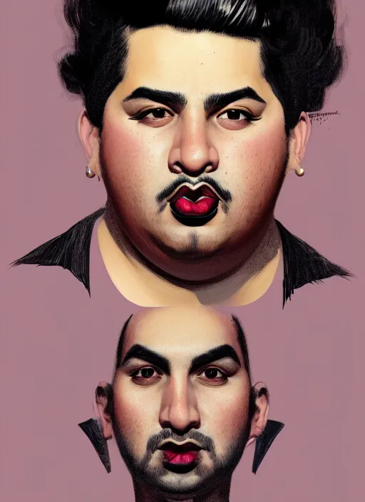 Image similar to portrait of a plump latino man with a crooked nose and a confident expression, 1 9 6 0 s, black clothes, goth, punk, brightly coloured hair, funk, intricate, elegant, highly detailed, digital painting, artstation, concept art, smooth, sharp focus, illustration, art by wlop, mars ravelo and greg rutkowski