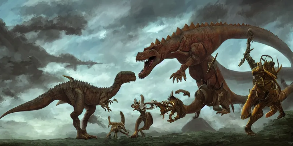 Image similar to dinosaur in a sword duel with a robot, fantasy setting, digital art