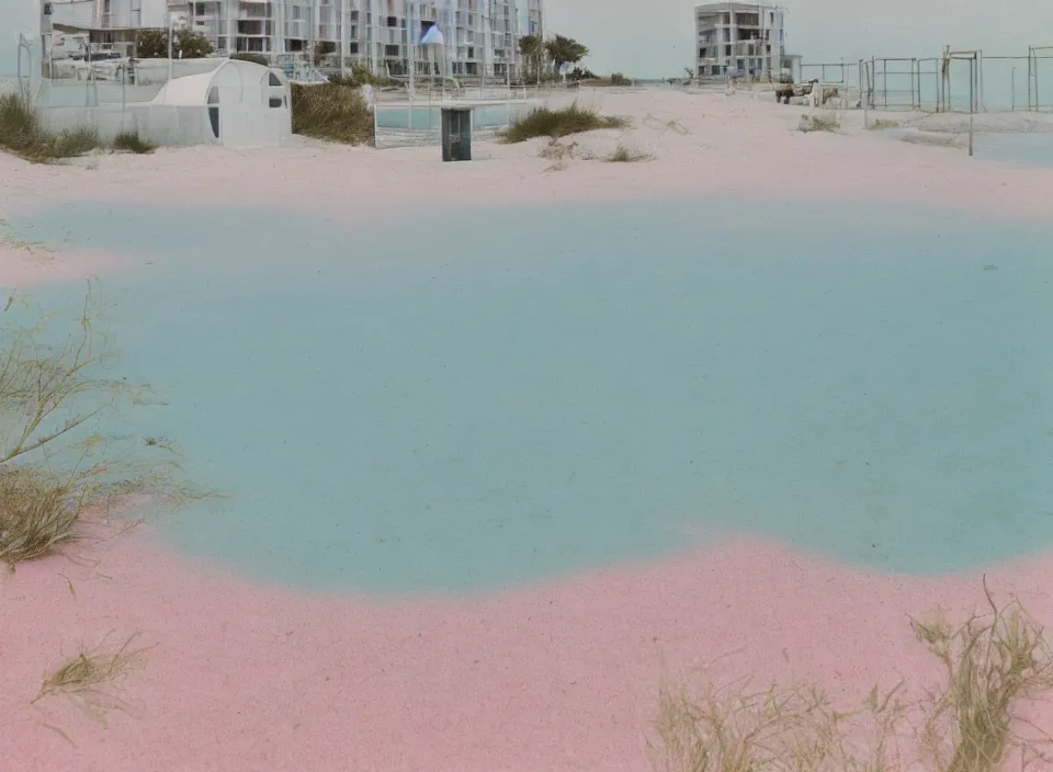 Prompt: a pastel coloured vintage family holiday photo of an empty beach from an alien dreamstate world with chalky pink iridescent!! sand, reflective lavender ocean water, dim bioluminescent plant life and an igloo shaped shiny plastic transparent multi storey car park. glare. refraction, volumetric light.