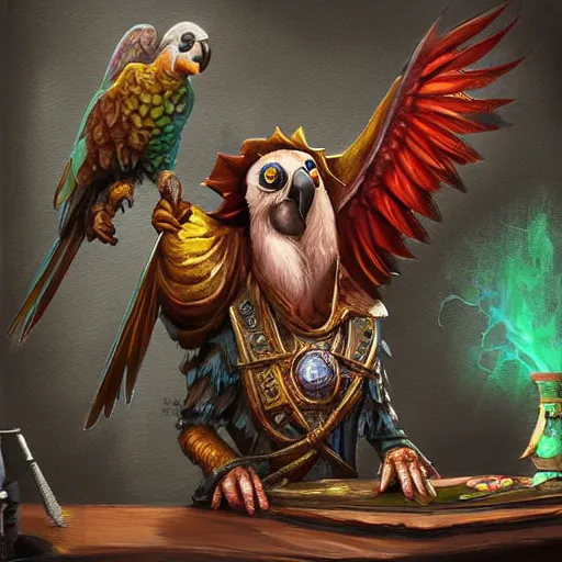 Image similar to Magic the gathering artwork of Anthropomorphized parrot trader in his shop, shelves full, selling a gem, portrait, items, magic potions, carpet, window, fancy funny hat, sly expression , cunning expression, cute expression, presenting magic gem, D&D, fantasy, cinematic lighting, highly detailed, digital painting, artstation, concept art, smooth, sharp focus, illustration, warm light, cozy warm tint, magic the gathering artwork, volumetric lighting, 8k, no gold, no gold colours, art by Akihiko Yoshida and Greg Rutkowski