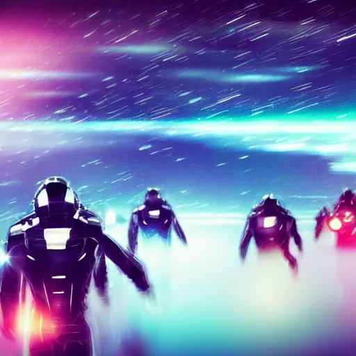 Image similar to speed, diverse interstellar cybersuits, from behind, motion blur, bokeh, wide wide angle, vivid, elaborate, highly detailed, beautiful lighting