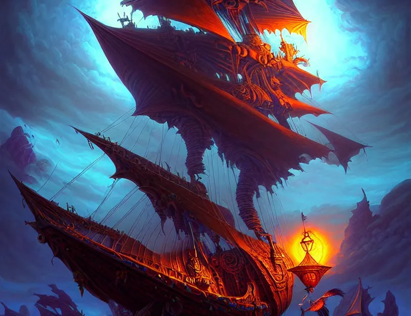 Image similar to the flying magical galleon moves through the multiverse, amazing d & d planescape art, trending on artstation, beautiful digital painting in the style of dan mumford, volumetric lighting, intricate details, ultra realistic, art by kev chan, fantasypunk, deep colors, cgsociety, by art germ, by gerald brom, by peter mohrbacher