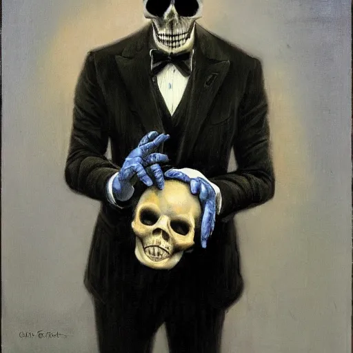 Image similar to portrait of a suited man with medical gloves and a skull mask, by Gerald Brom