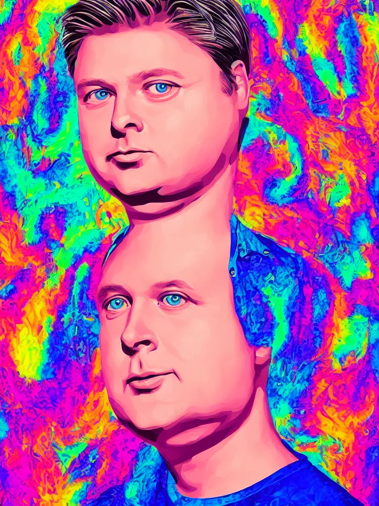 Prompt: realistic beautiful portrait of tim heidecker by Lisa Frank, synthwave funny style