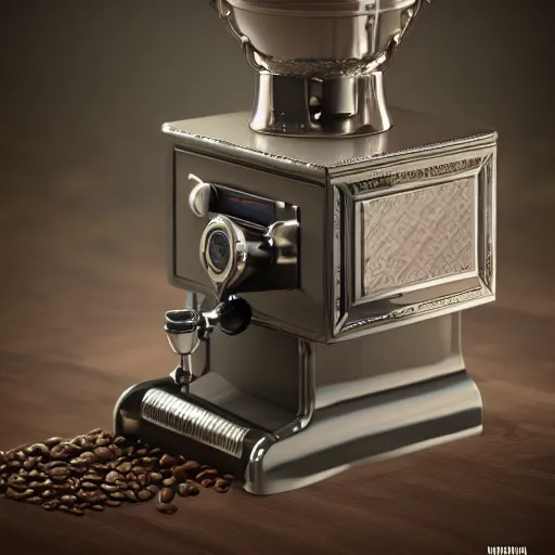 Image similar to a retrofuturistic mechanical coffee grinder, ultra detailed, octane render, 8 k, hyper realistic, studio lighting, realistic materials