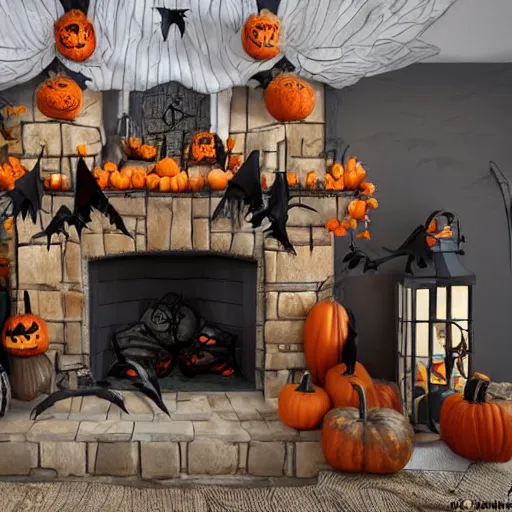 Prompt: a realistic photo of a fireplace mantle decorated for halloween, with black bats on the wall, and pumpkins on the floor, photorealism, dramatic lighting