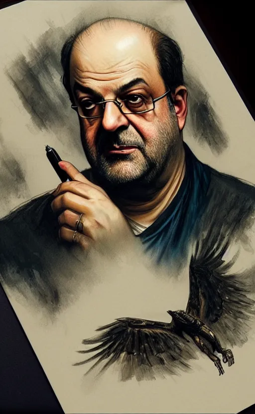 Image similar to portrait of salman rushdie writing in the dark, deep focus, blade runner 2 0 4 9, fantasy, intricate, elegant, highly detailed, digital painting, artstation, concept art, matte, sharp focus, illustration, art by artgerm and greg rutkowski and alphonse mucha