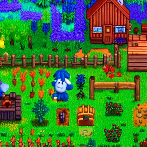 Image similar to smurfs living in stardew Valley 4k