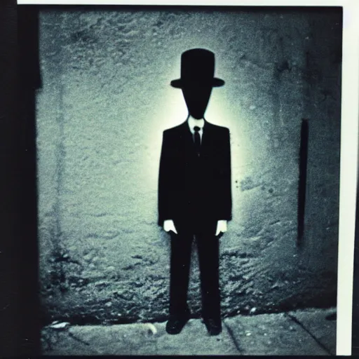 Prompt: polaroid of slenderman standing in dark alley