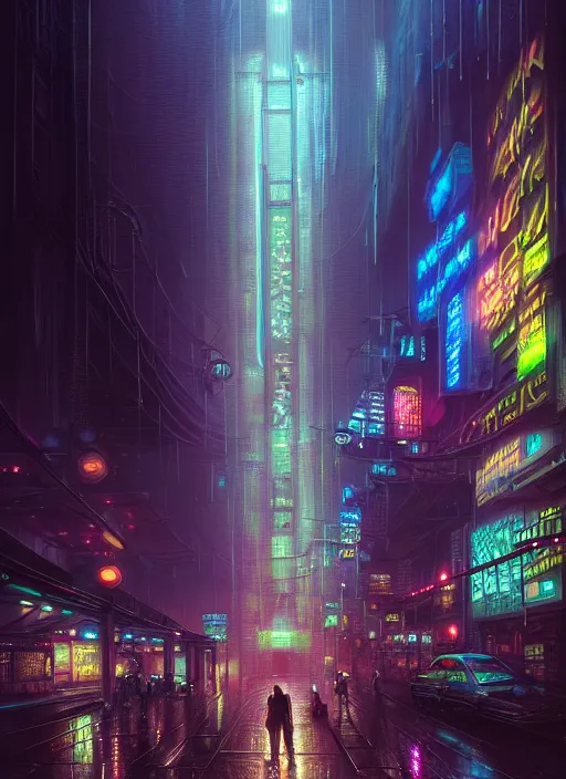 Image similar to rainy night in a cyberpunk city, neon lights, intricate, elegant, highly detailed, centered, digital painting, artstation, concept art, smooth, sharp focus, illustration, artgerm, tomasz alen kopera, peter mohrbacher, donato giancola, joseph christian leyendecker, wlop, boris vallejo