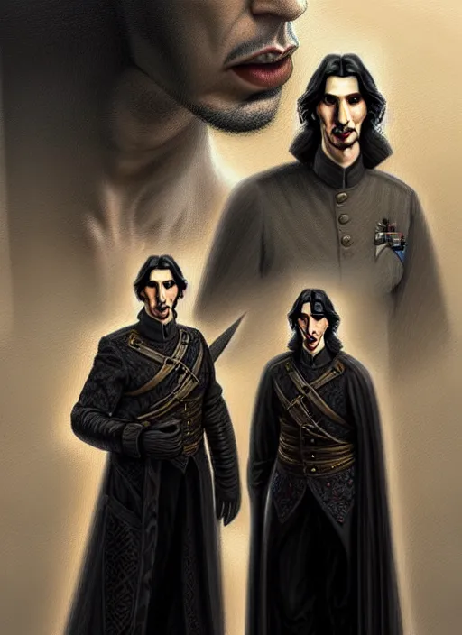 Image similar to a portrait of john oliver standing next to adam driver as in the vigo carpathian painting, stoic, military uniform, fantasy, intricate, beautiful, highly detailed, charcoal, centered, dark, smokey, digital painting, concept art, smooth, sharp focus, illustration, art by artgerm and greg rutkowski