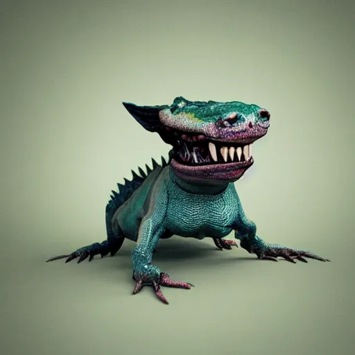 Prompt: a grotesque but cute creature crawling on four legs with weird features, coloured scaly skin, looking inquisitively at the camera, 3d render, studio lighting