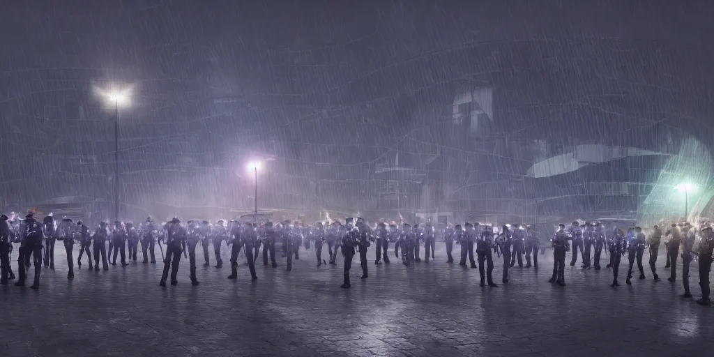 Image similar to a lot of policemen protect a huge spiral - shaped luminous object right in the center of the city from protesting people, night, rain and light fog, professional lighting, concept art in 3 d, high detail, professional lighting