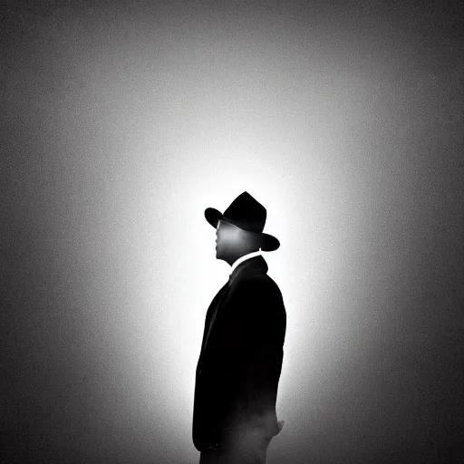 Image similar to white light from right, mysterious man in black suit and black hat, he has a pistol, smoke, fog, mysterious, 4 k, highly detailed, digital art, strong shadows, high contrast, epic scene, atmospheric, blue colours, old photograph