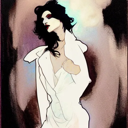 Image similar to stunning portrait of androgynous ruby rose as desire from sandman in a white tuxedo!!!, rockabilly style,, by alphonse mucha, by jeremy mann, by peter lindbergh, dave mckean, by frank moth, white suit and black tie, soft lightning, high detailed, 8 k