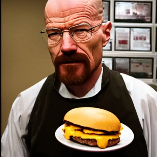 Image similar to walter white from breaking bad eating a cheeseburger