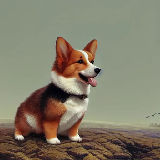 Prompt: the most adorable corgi puppy in outer space, hyperrealistic, lifelike, beautiful, glowing, cosmic, extremely detailed digital illustration, greg rutkowski, artgerm, moebius, simon stalenhag, ruan jia, makoto shinkai, award - winning, masterpiece, trending on artstation, cgsociety, 8 k