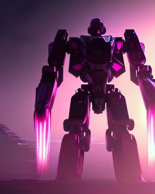 Prompt: hyperrealistic 3d render mecha iridescent pink explosions in the background concept art vray ute osterwald de chirico sharp cinematic very moody light 8k low angle shallow depth of field