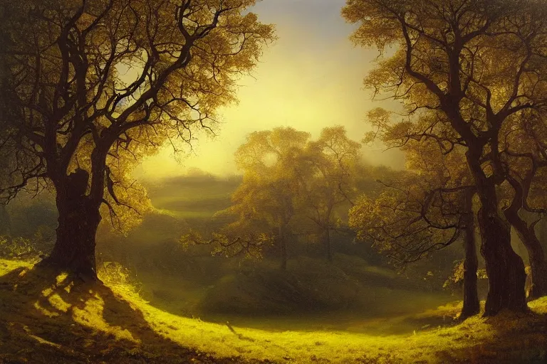 Prompt: masterpiece painting of oak trees on a hillside overlooking a creek, dramatic lighting, by mariusz lewandowski