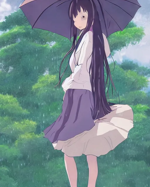 Image similar to anime girl in the rain, By studio Ghibli, by lack, Trending on Artstation, Trending on Pixiv