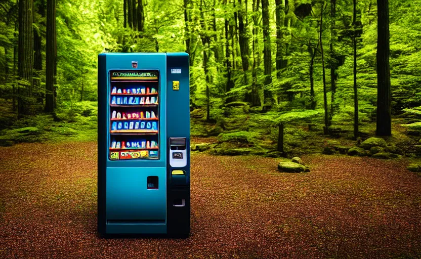 Prompt: photograph of Japanese vending machine in the middle of a forest, one point perspective, 1-point perspective, tilt shift, sigma 85mm f/1.4, 4k, depth of field, high resolution, 4k, 8k, hd, full color