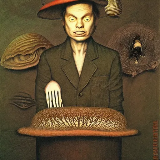 Prompt: portrait face head eyes man fungal ears Mushroom Cretin the Hermit camouflaged as a toadstool wearing a black shirt mark ryden greg rutkowski andrew wyeth giorgio de chirico