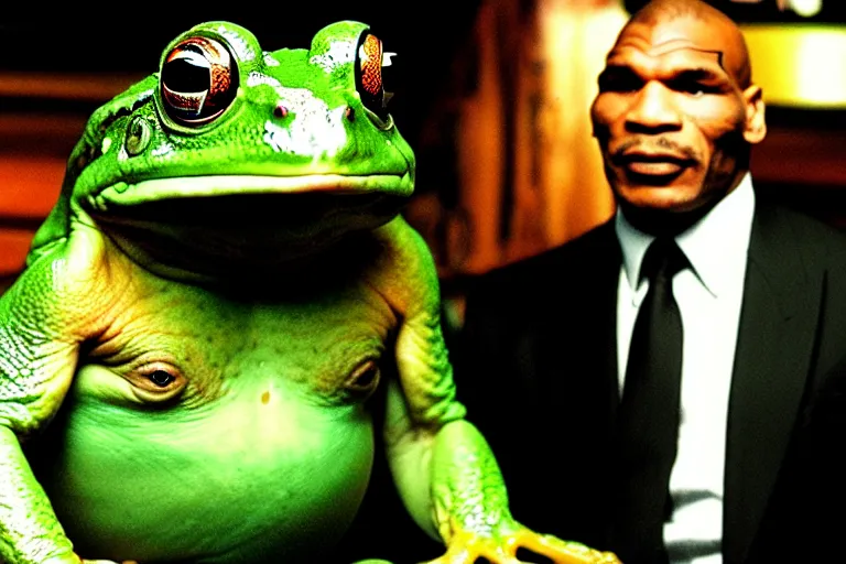 Prompt: a giant frog sitting with mike tyson in a bar, mike tyson with a toad, movie directed by martin scorsese and christopher nolan, masterpiece, 8 h