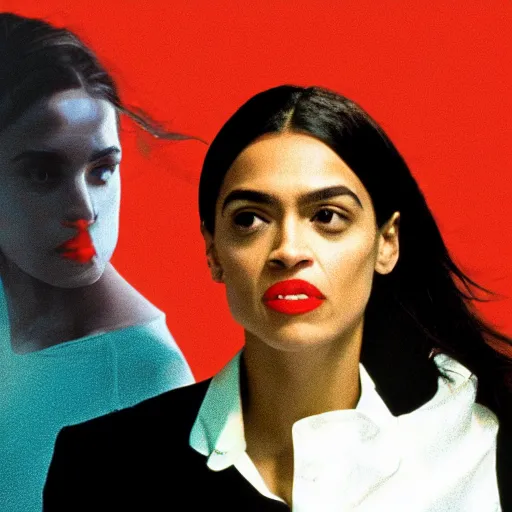 Image similar to Alexandria Ocasio Cortez wearing Tax the Rich tee shirt in American Psycho (1999)