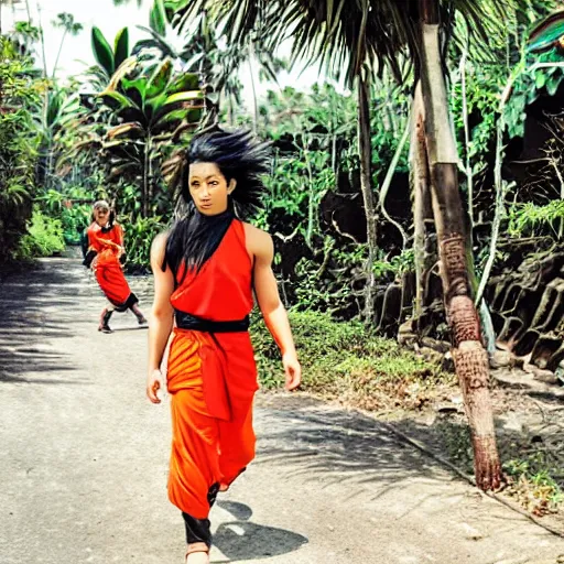 Image similar to Saiyan warrior girl, muscular girl, wild spiky black electrified hair, wearing kung fu uniform, walking through Bali, 1977, tropical palm trees, colorized