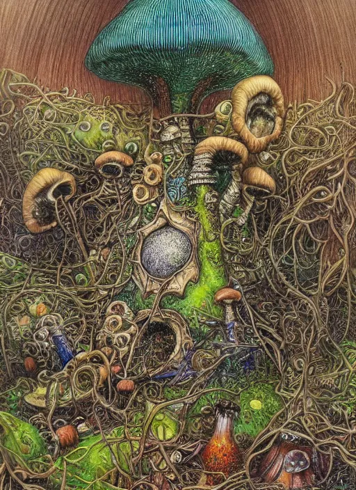 Image similar to a hybrid between a mushroom and a house,, insanely detailed, studio light, patrick woodroffe, colored pencil