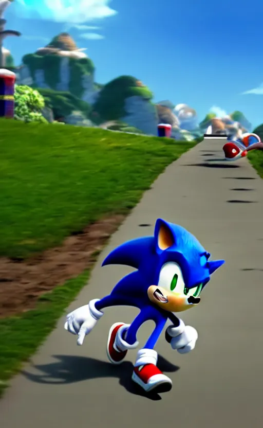 Image similar to super super super epic cinematic shot of sonic the hedgehog, sonic unleashed, apotos day zone, 8k miyazaki anime scene, motion blur, red shoes, green eyes, ++++++ super super super dynamic action running, concept photos, dynamic lighting, dynamic shaders, sunny day, amazing quality
