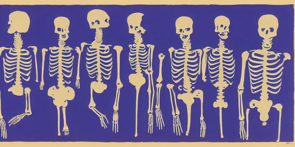 Prompt: Blueprint for a womens skeleton by Josef Albers and yves Klein, oil painting
