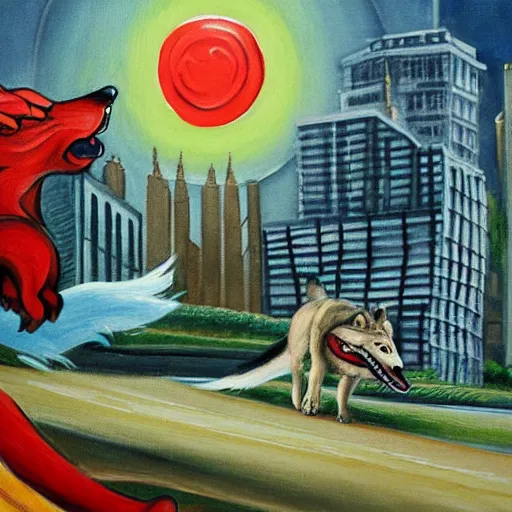 Prompt: this painting depicts a feral, screaming, wolf as it runs at great speed toward the viewer. behind it, across a cityscape, there is another smaller wolf in red, with its tongue hanging out. the sky behind the pair is a brilliant yellow - green.